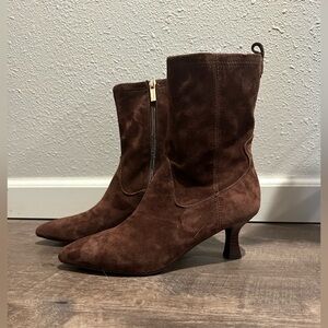 Tahari Women’s Brown Suede Mid-Calf Kitten Heel Boots
